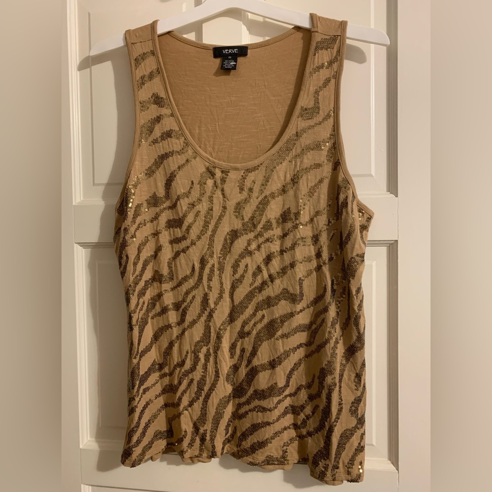 Verve Women’s Plus Brown Sequin Tiger Stripe Tank Top 3X